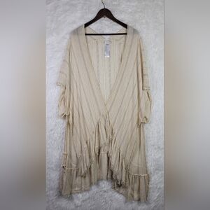 Free People Beige Striped Ruffle Hem Shawl Wrap Cover Up OS Beachy Boho Festival